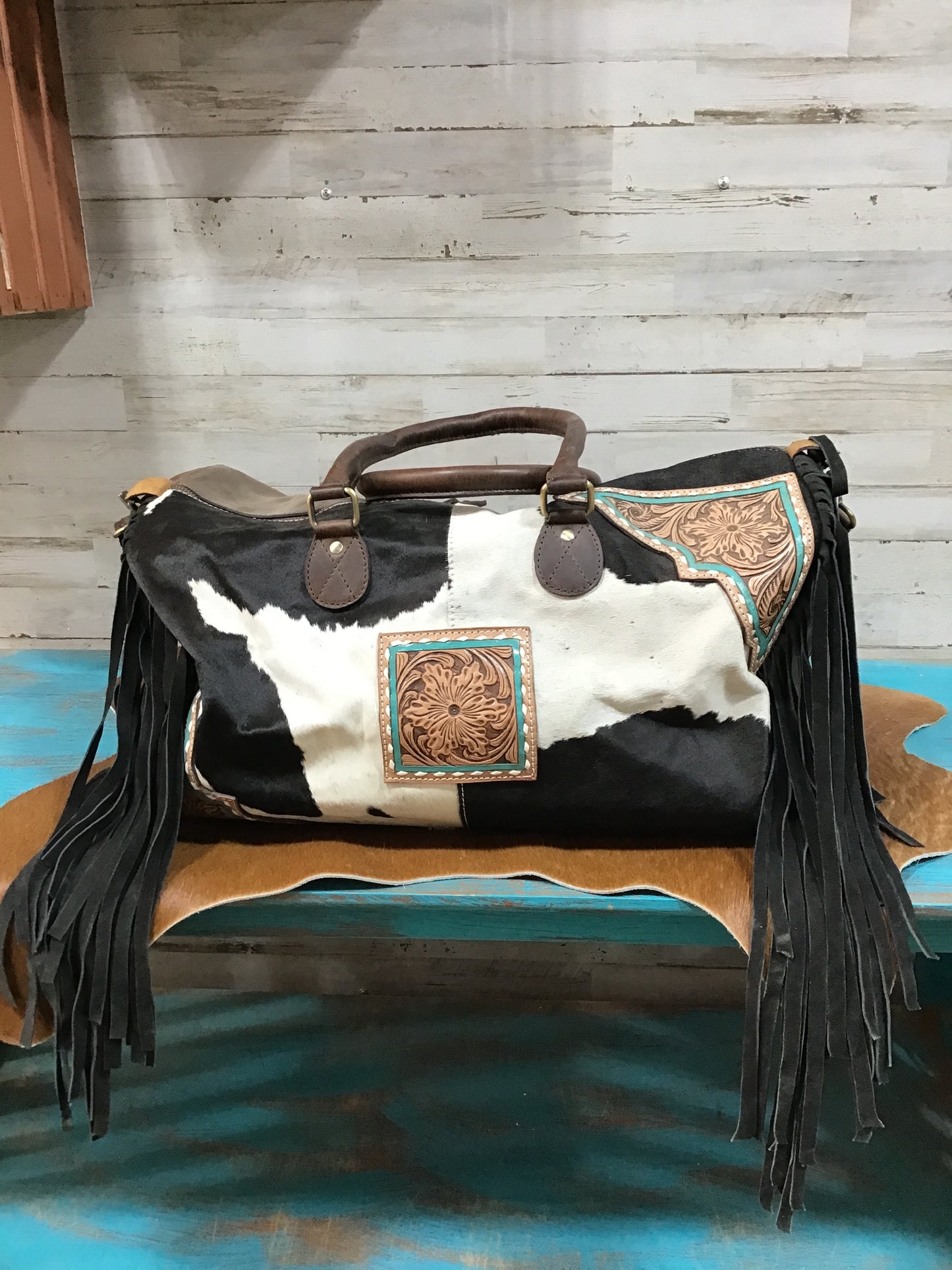 Cowhide/ Leather Fringe Weekender
