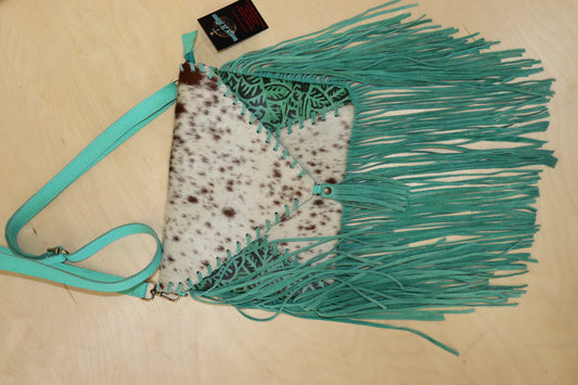 Turq Zip Closure Cowhide/ Fringe Crossbody