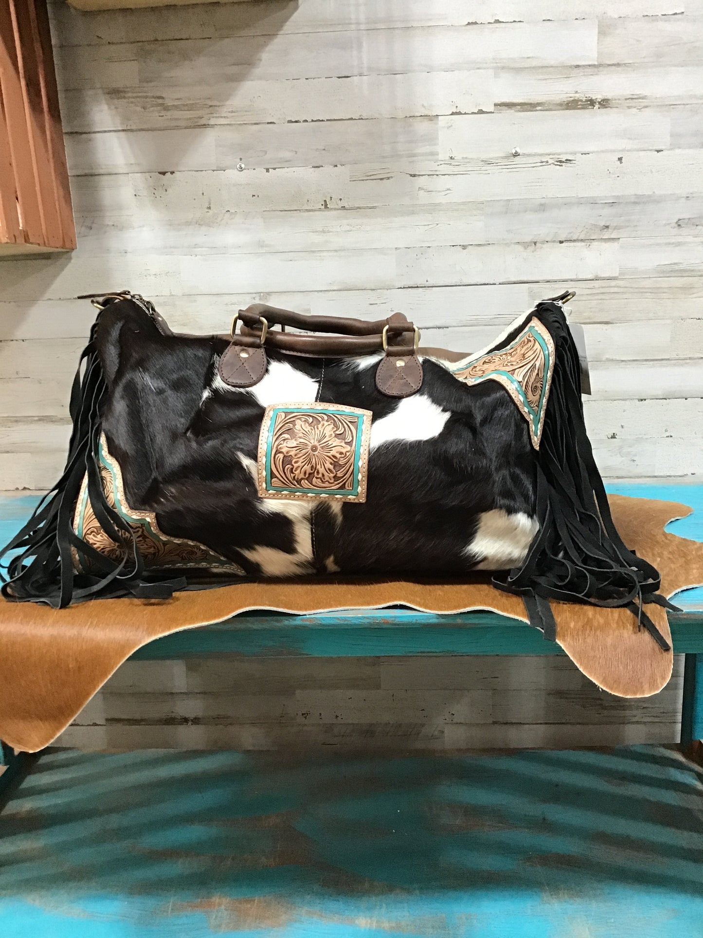 Cowhide/ Leather Fringe Weekender