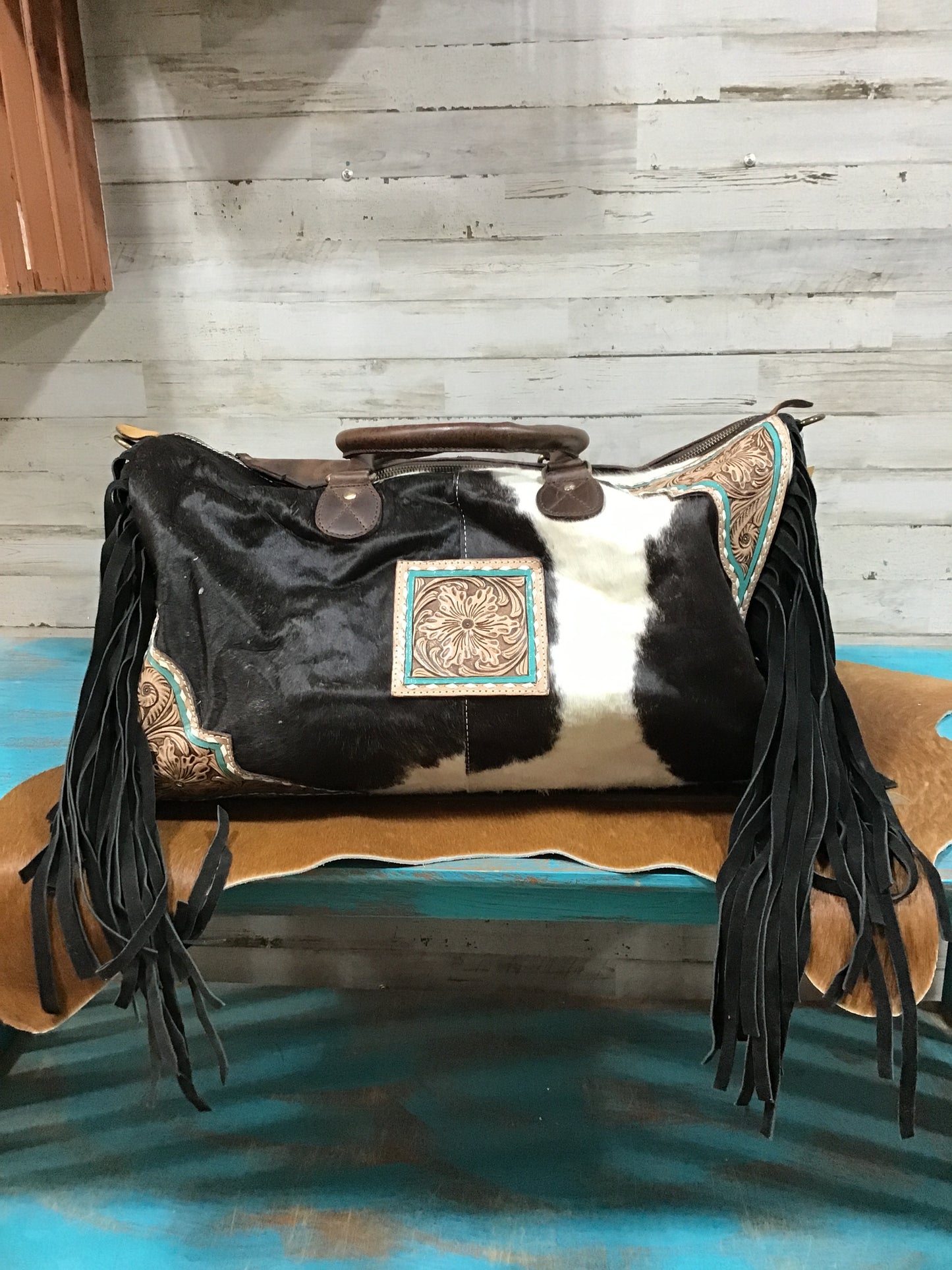 Cowhide/ Leather Fringe Weekender